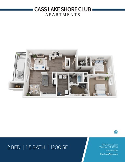 Floor plan for 2 beds, 1.5 baths, 1200 sqft